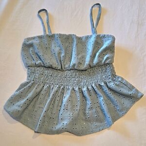 Light Blue Eyelet Smocked Crop Tank Top - Women